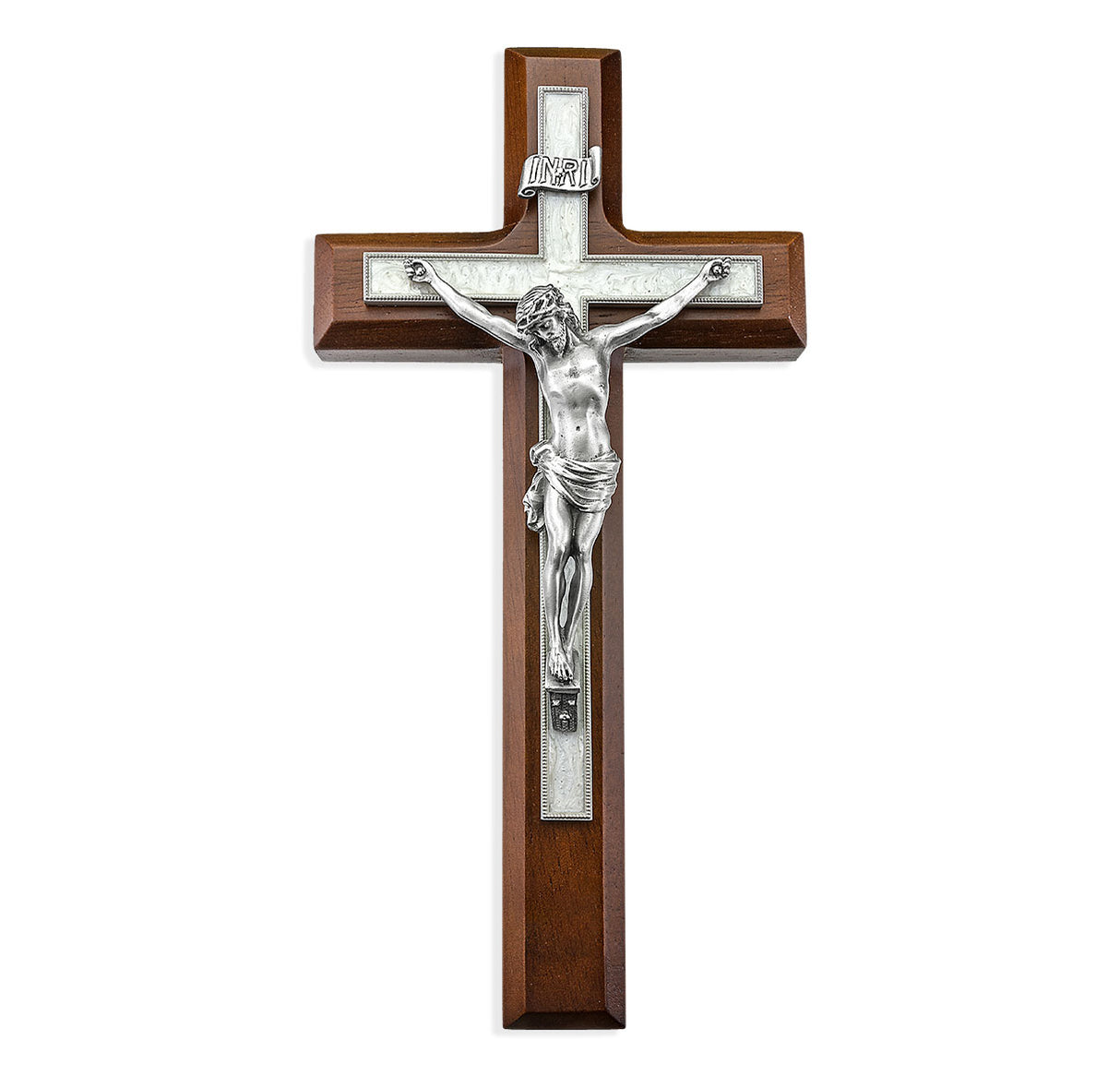 10 inch Walnut Wood and Pearlized Cross with Pewter Corpus