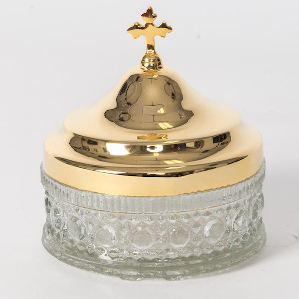 4-1/2" wide Glass Ablution Cup with Gold Plate Lid