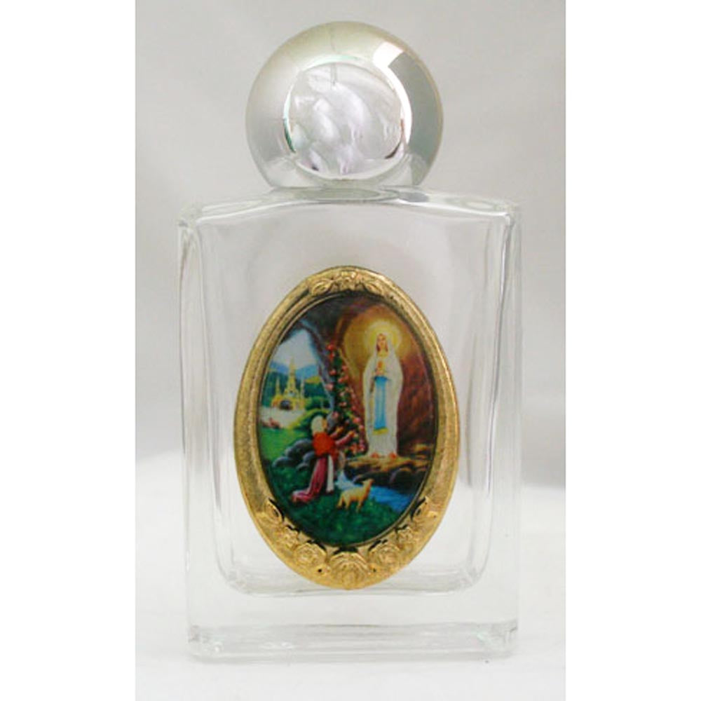 Glass Our Lady of Lourdes Holy Water Bottle with Color Medallion WB11-L