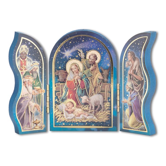5x3.5 Blue Nativity with Lamb Triptych Plaque 1205-806