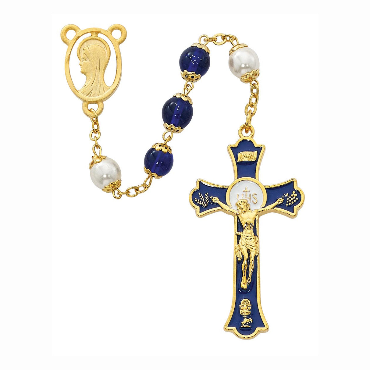 Holy Mass Rosary with Blue & Pearl Beads