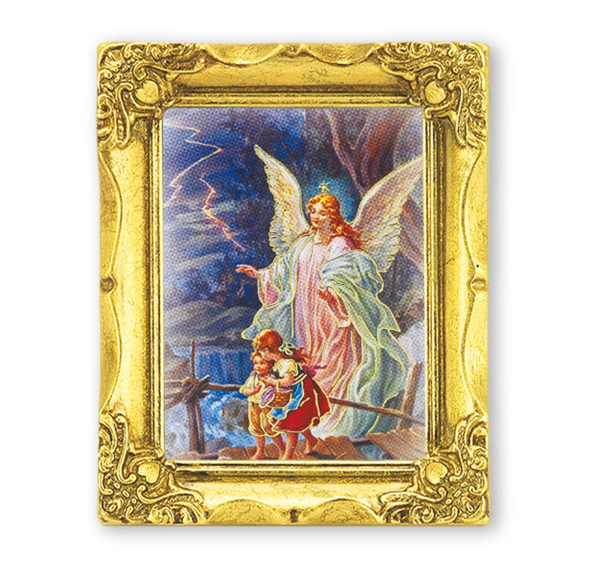 Petite 3x2 inch Guardian Angel on Bridge in Gold Frame