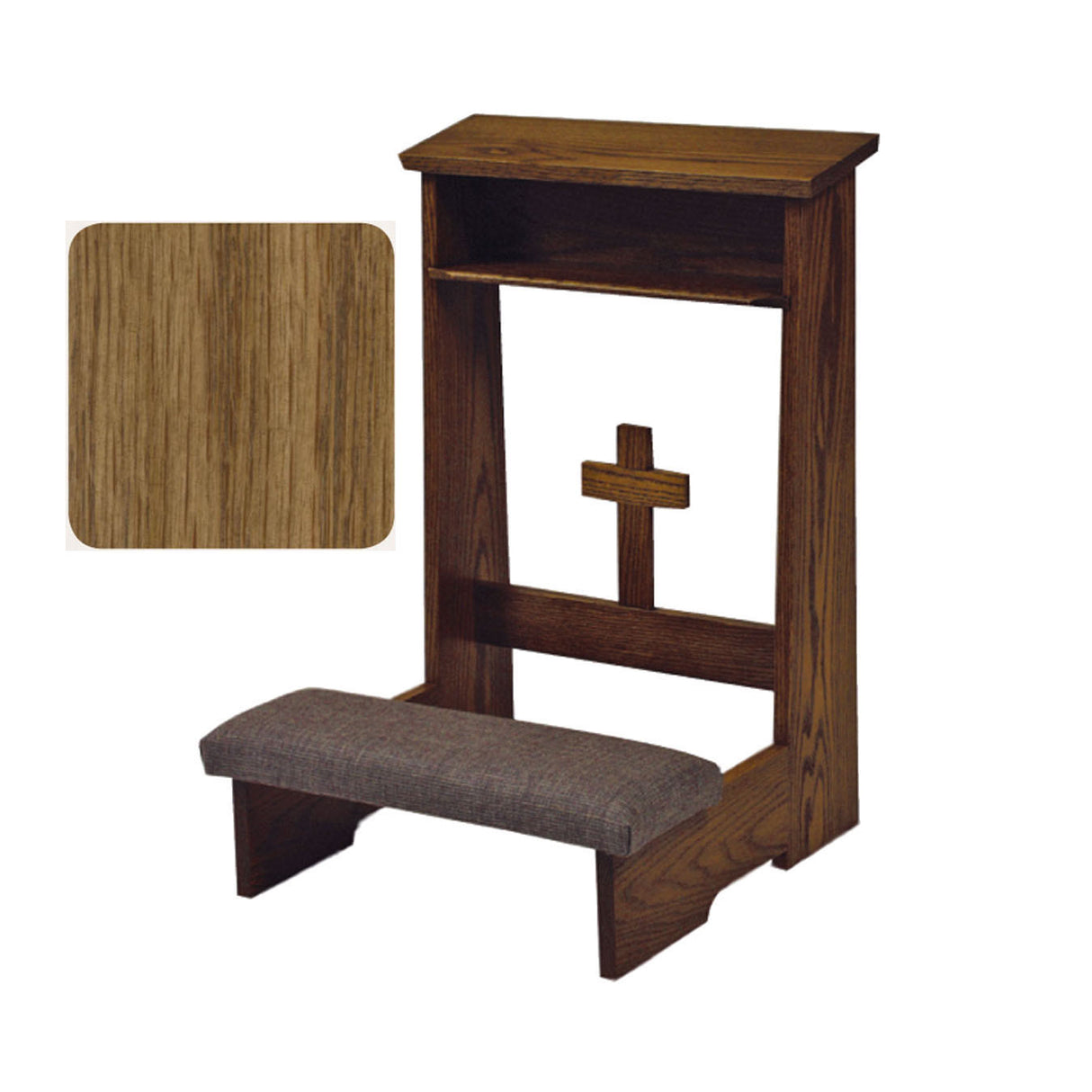 Pecan Prie Dieu with Cross Front & Optional Padded Armrest W54