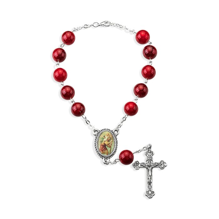 Large Red Bead Auto Rosary with St Christopher