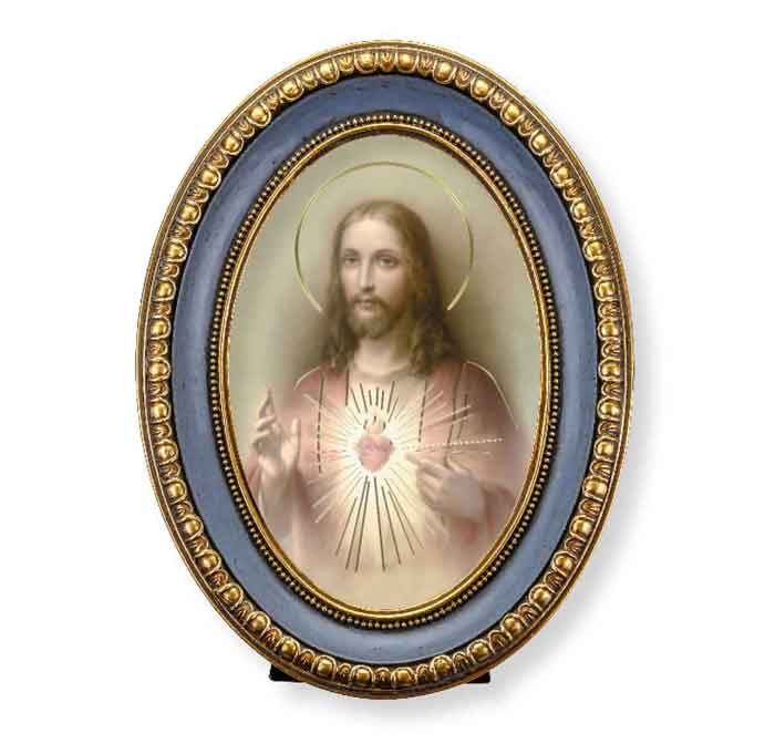 Sacred Heart of Jesus Oval Gold-Leaf & Blue Frame 457-111