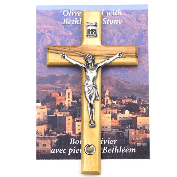 5 inch Olivewood Crucifix w Bethlehem Stone