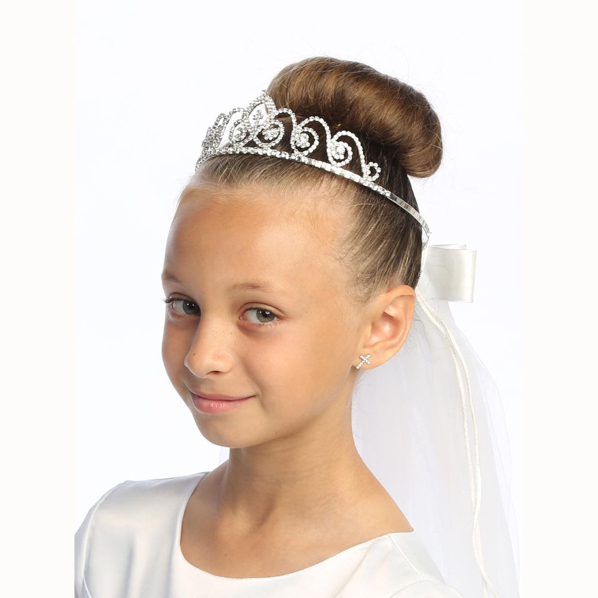 Eleanor Rhinestone Tiara Veil with Cross