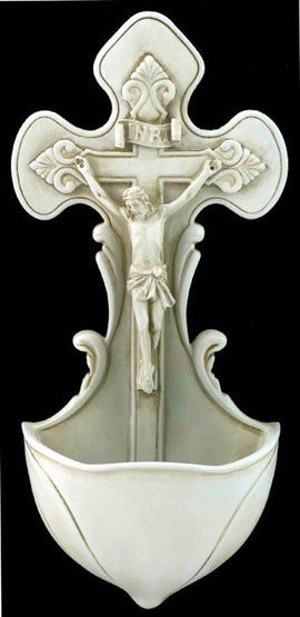 Crucifix 7.5 inch Holy Water Font in Antiqued White