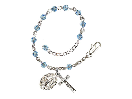 Aqua Crystal Adjustable Rosary Bracelet Silver Plate
