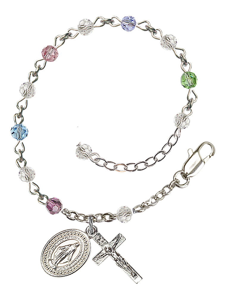 Multi Color Crystal Adjustable Rosary Bracelet Silver Plate
