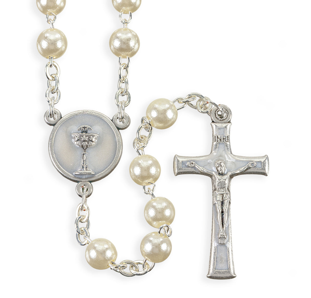 5mm White Pearlized Glass Bead First Communion Rosary