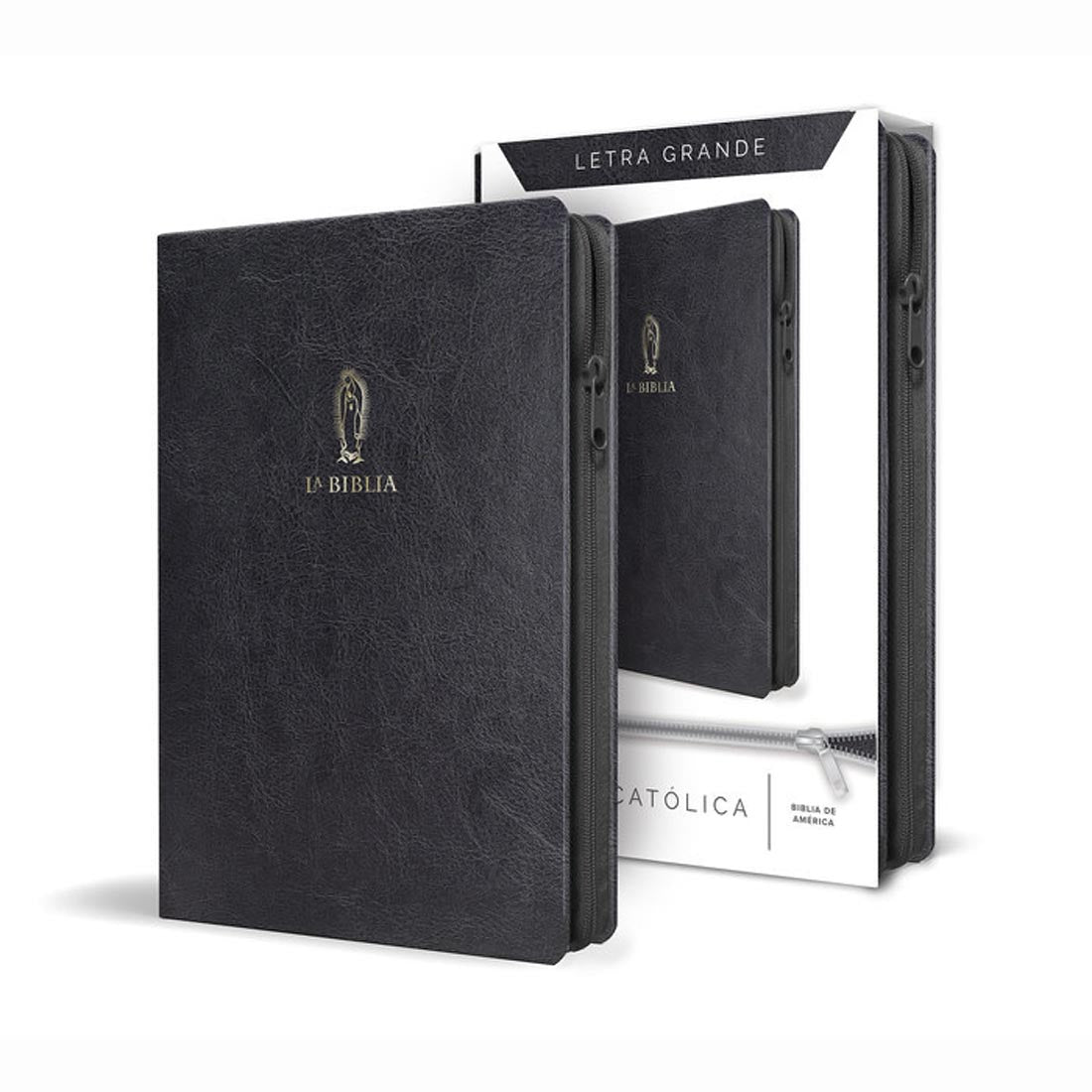 Biblia Católica letra y tamaño grande. Símil piel negra, cremallera