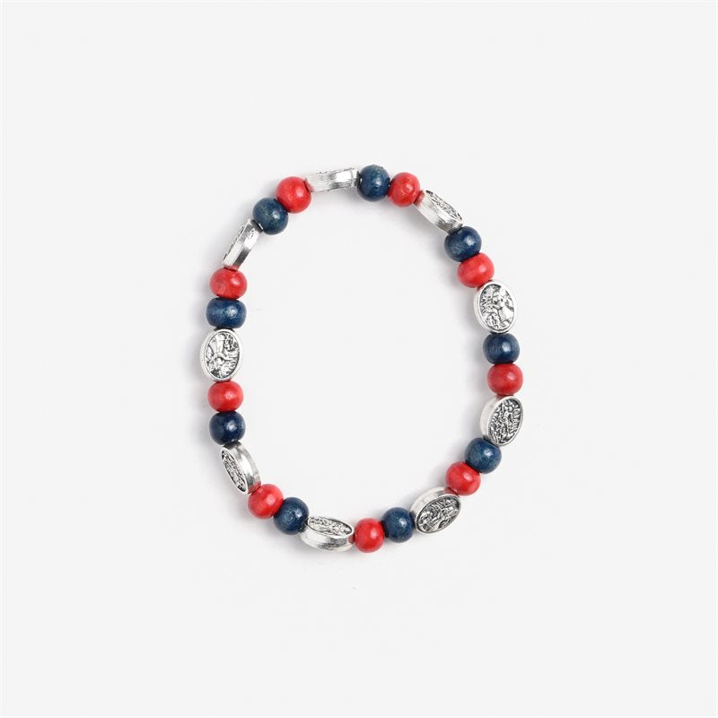 St Michael Stretch Bracelet with Red & Blue Beads
