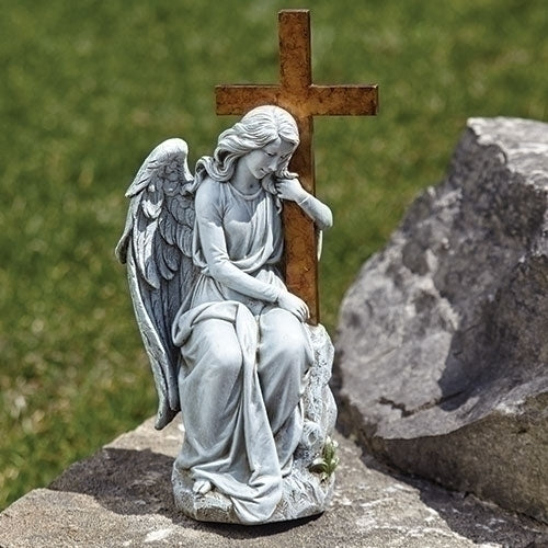 13 inch Garden Angel Leaning on Cross Figure 603212