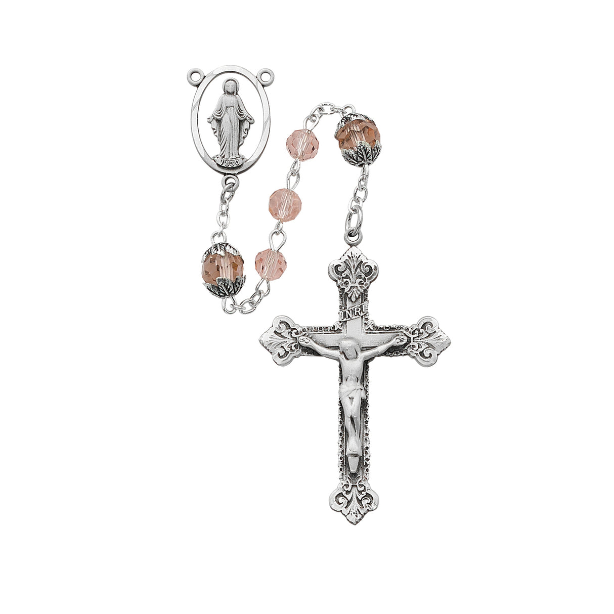 6mm Tin Cut Pink Crystal Rosary with 8mm Capped Our Father Beads