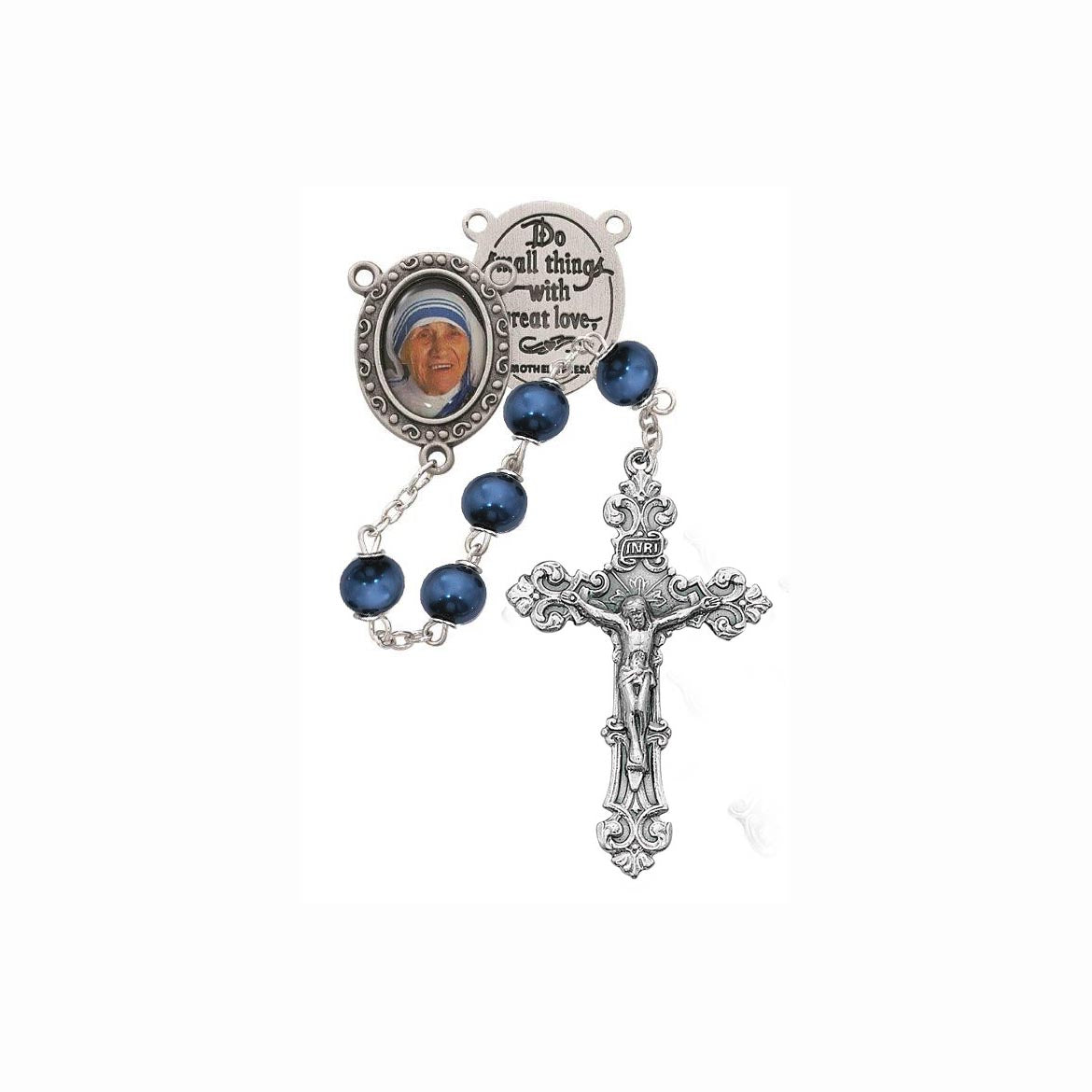 7mm St. Teresa of Calcutta Blue Pearlized Bead Rosary