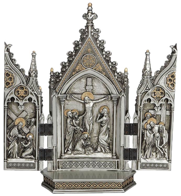 Crucifixion Triptych in Pewter Finish by Veronese Statuary