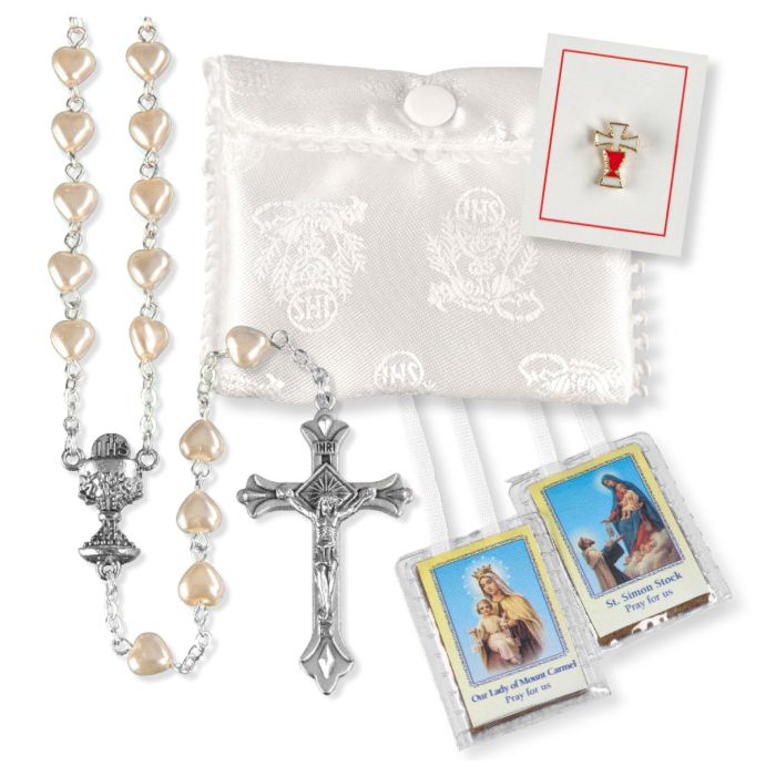 First Communion White Brocade with Heart Rosary Set