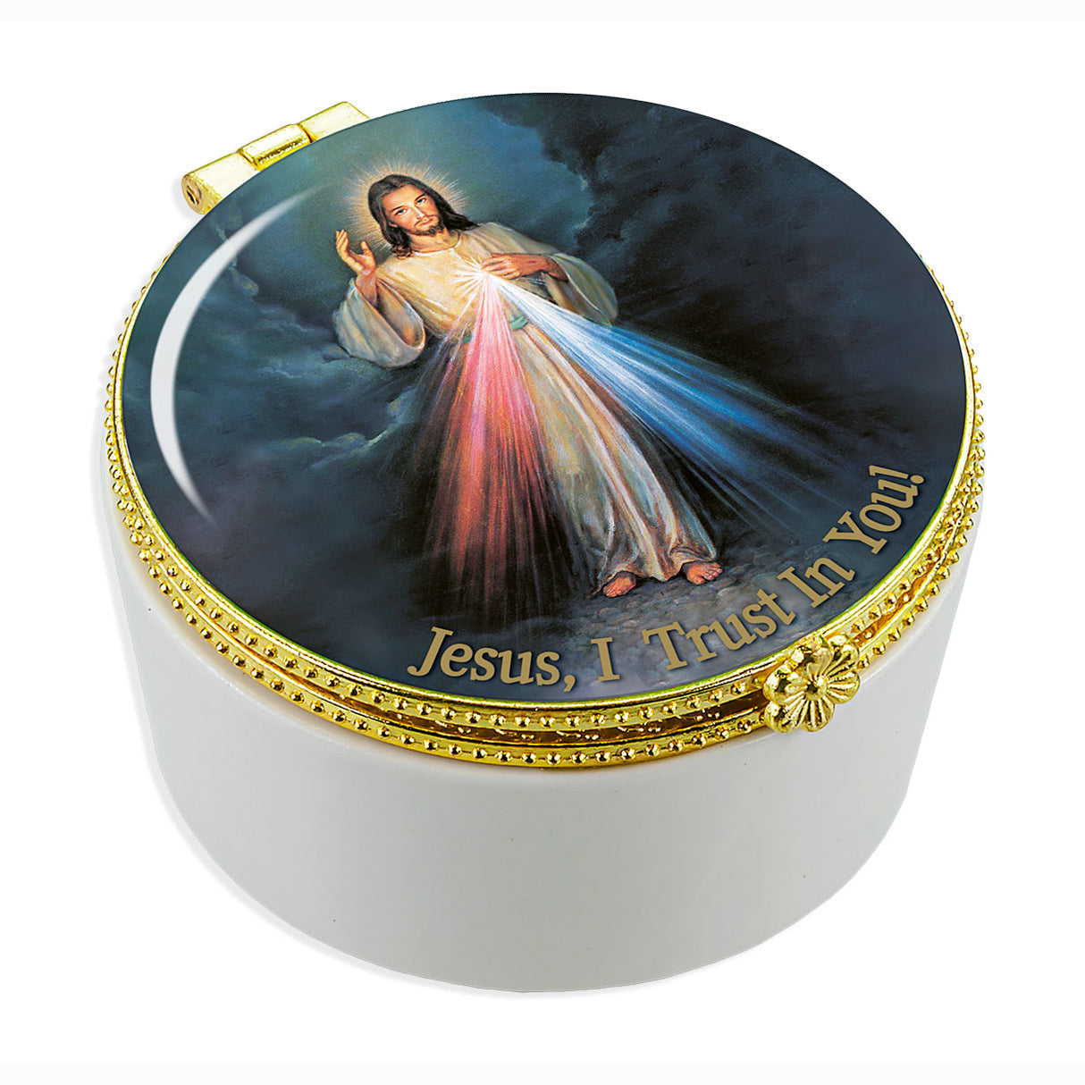 Divine Mercy Round Porcelain Box with Glass Cover