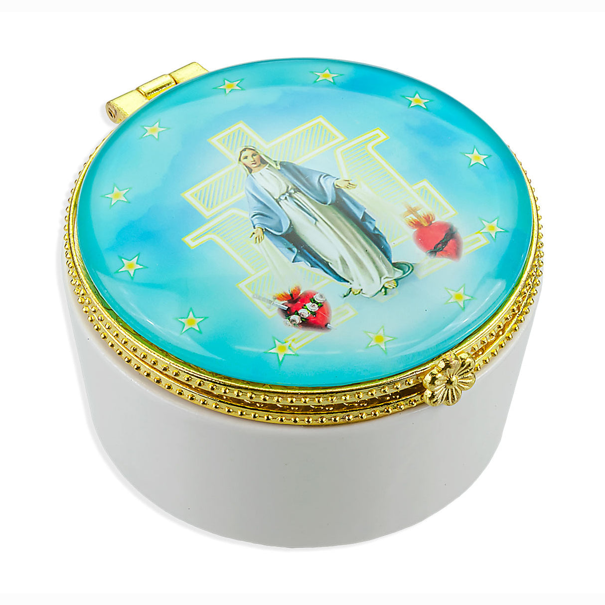 Miraculous Medal Round Porcelain Box with Glass Cover