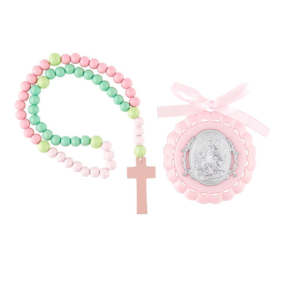 Pink Guardian Angel Crib Medal & Kiddie Rosary Set