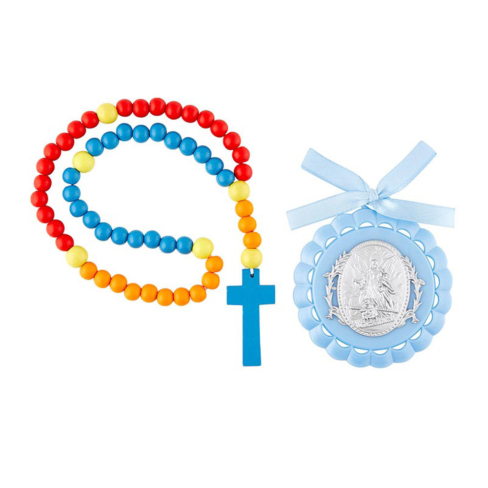 Blue Guardian Angel Crib Medal & Kiddie Rosary Set