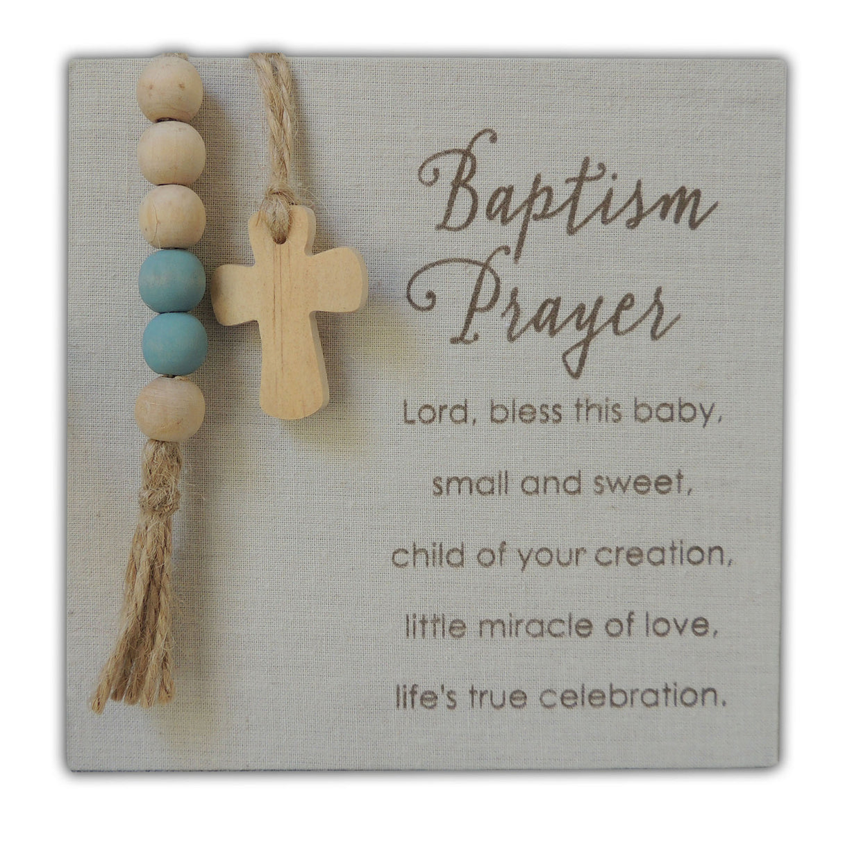Baptism Prayer Plaque with Blue Bead Decor