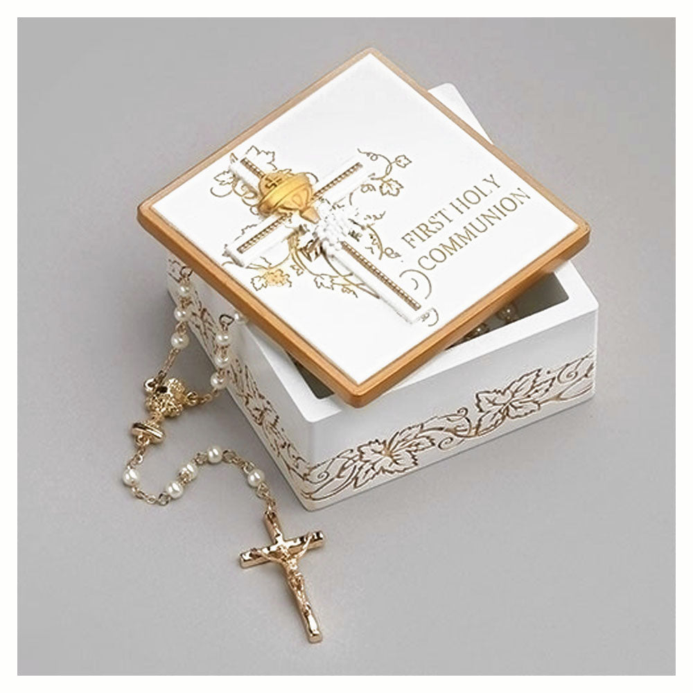 White & Gold Communion Rosary Box 61427