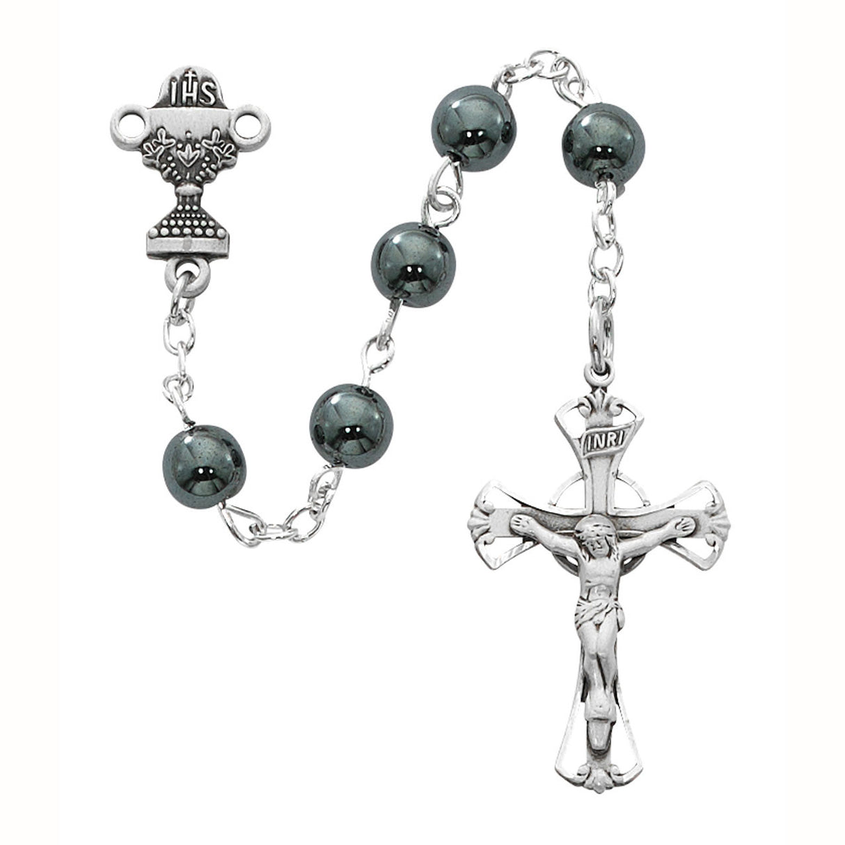 1st Communion Hematite Bead & Sterling Silver Medal & Crucifix