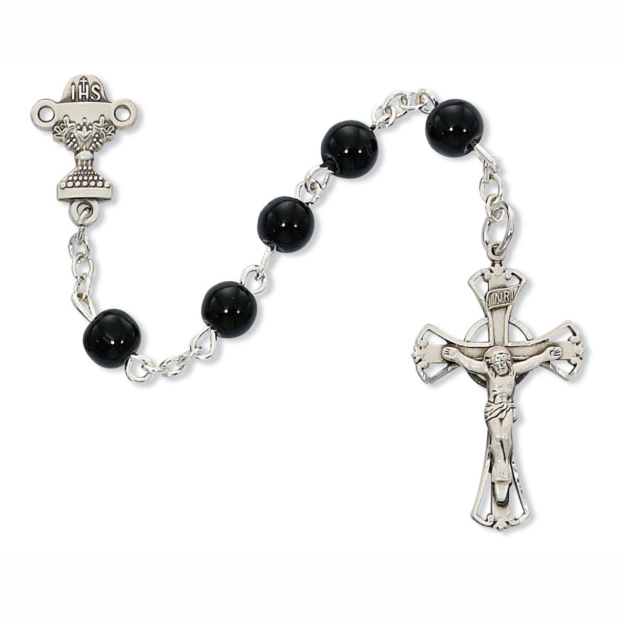 1st Communion Black Bead with Sterling Medal & Crucifix C15RB