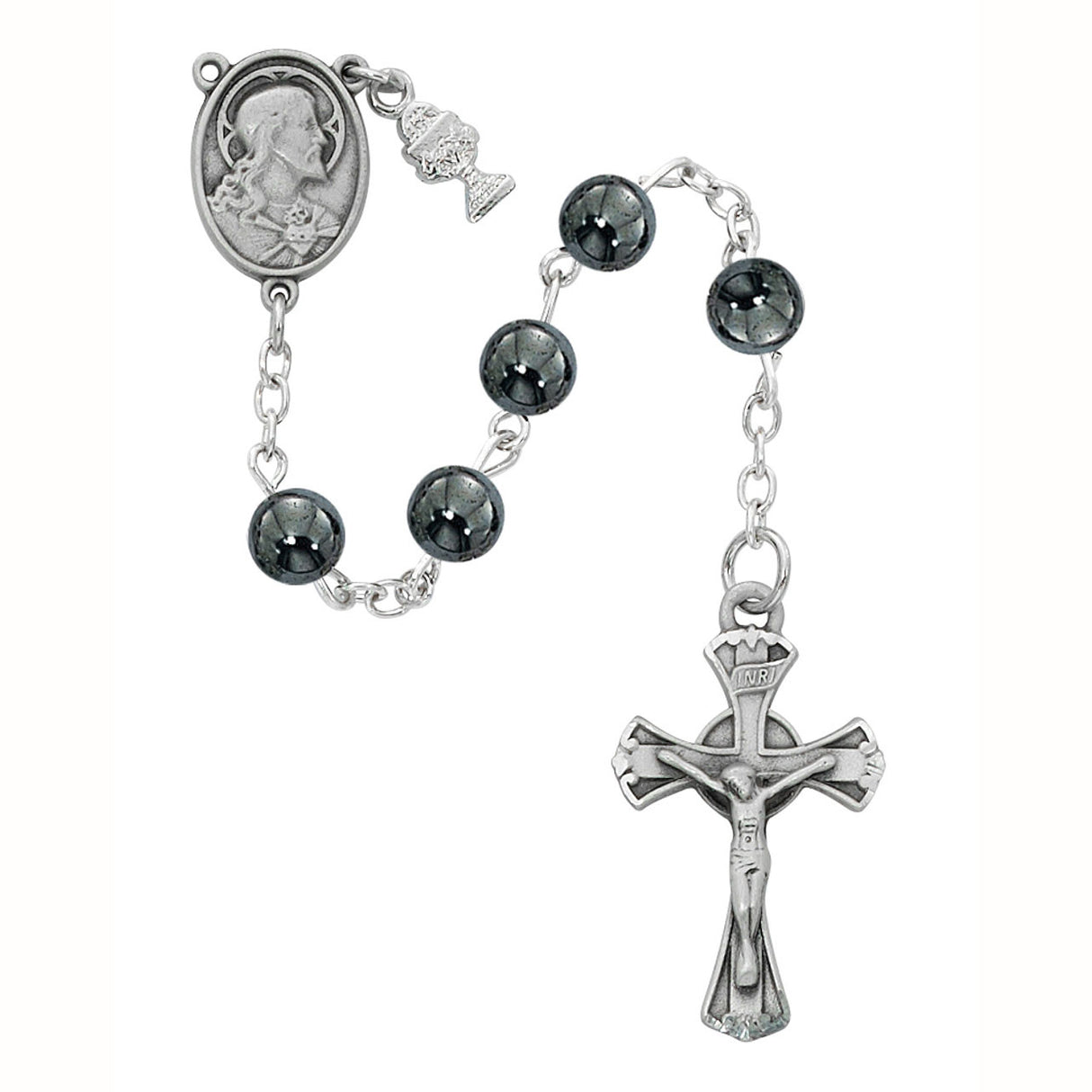 1st Communion Genuine Hematite Bead Rosary C69RB