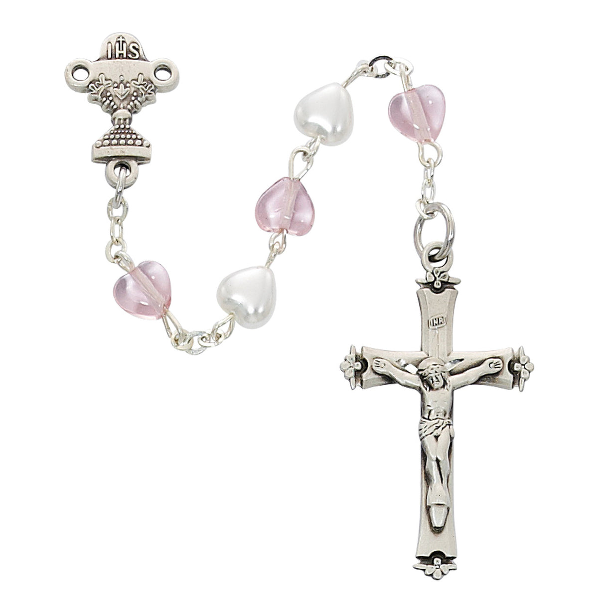 1st Communion Pink & Pealized Bead w/ Sterling Medal & Crucifix