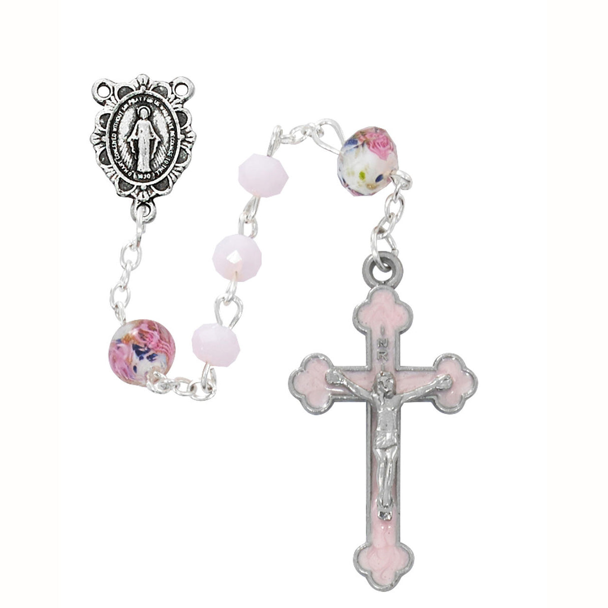 6mm Pink Matte & Floral Venetian Glass Rosary R897W