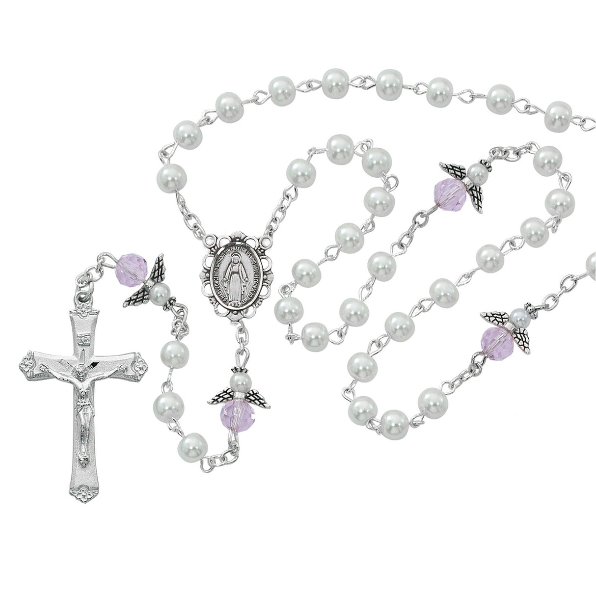 5mm White Pearl and Pink Crystal Angel Communion Rosary