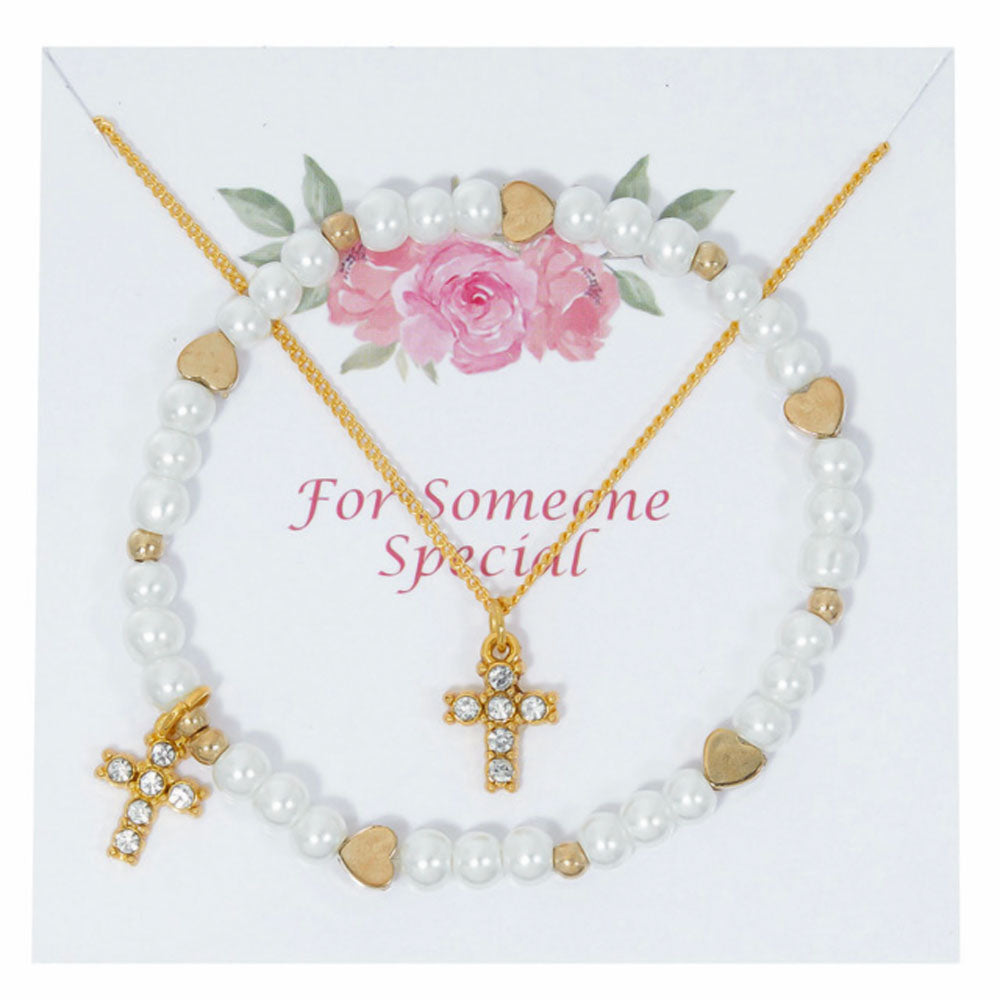 Gold Plate Crystal Pendent & Pearl Bracelet Set for Girls PND25