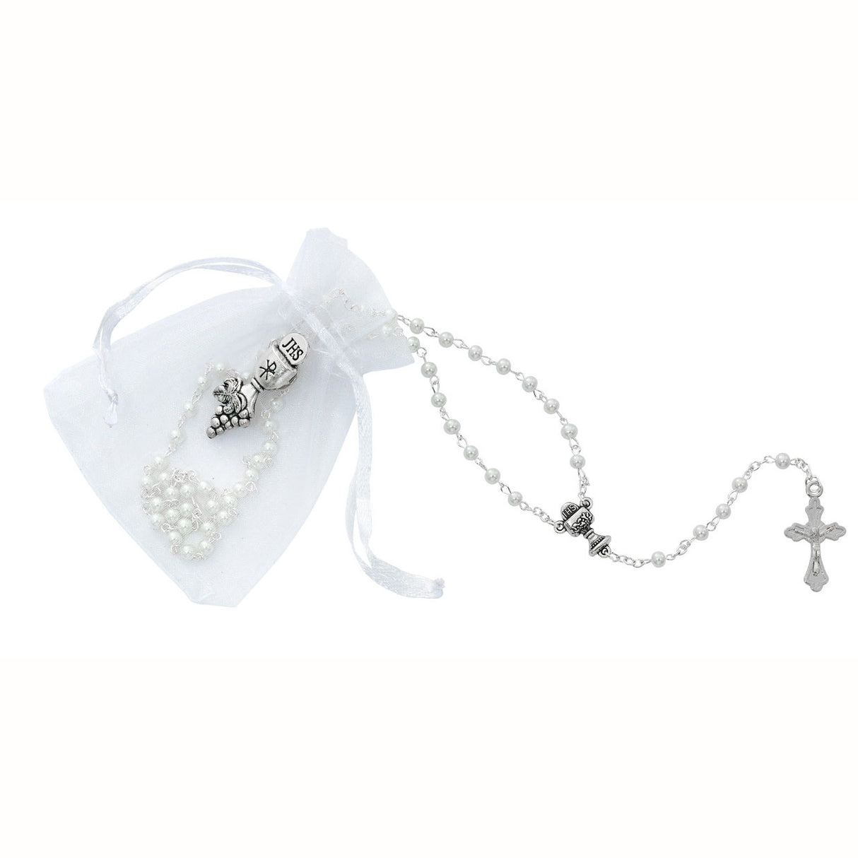 White Pearl Rosary with Pin and Bag for 1st Communion