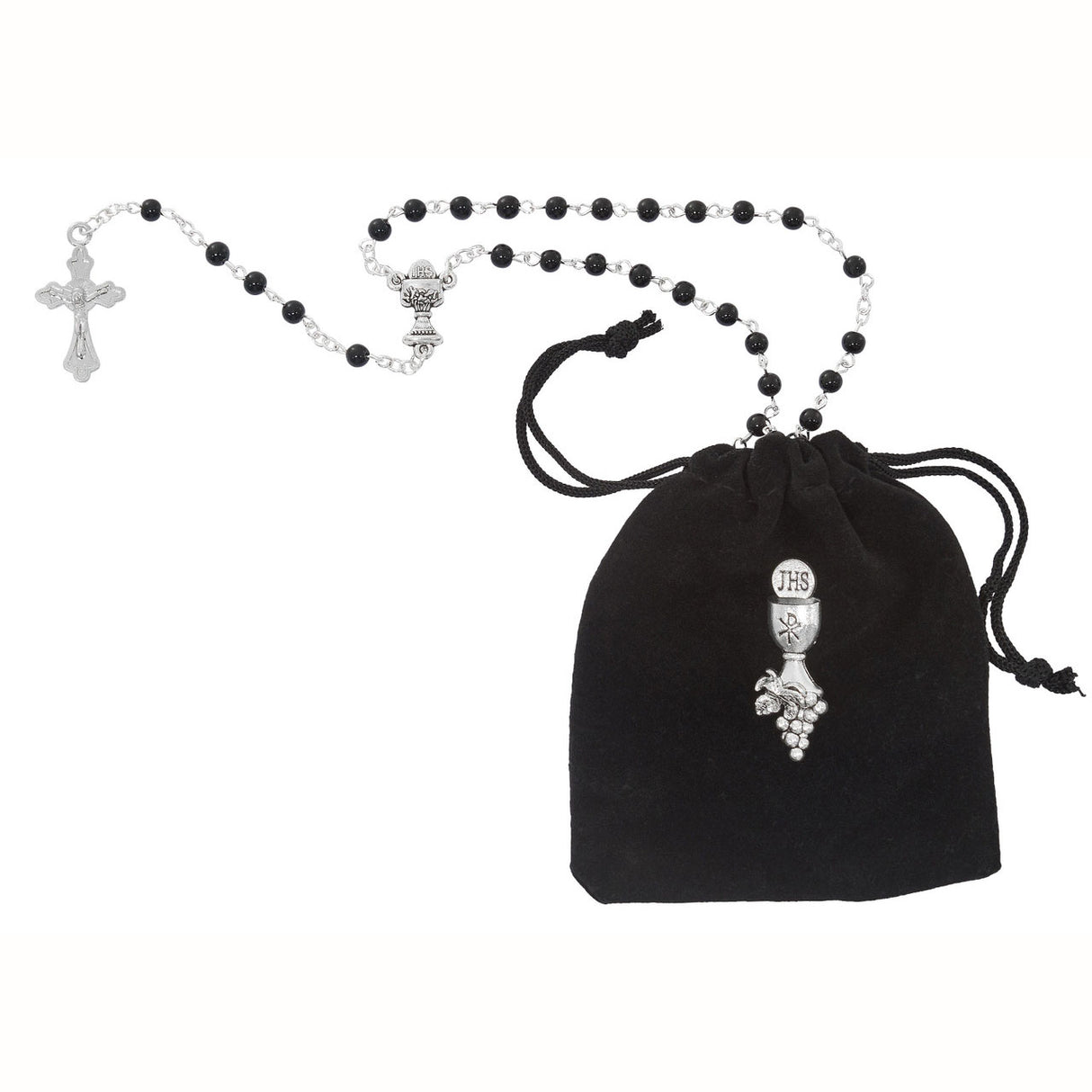 Black Rosary with Pin and Bag for 1st Communion