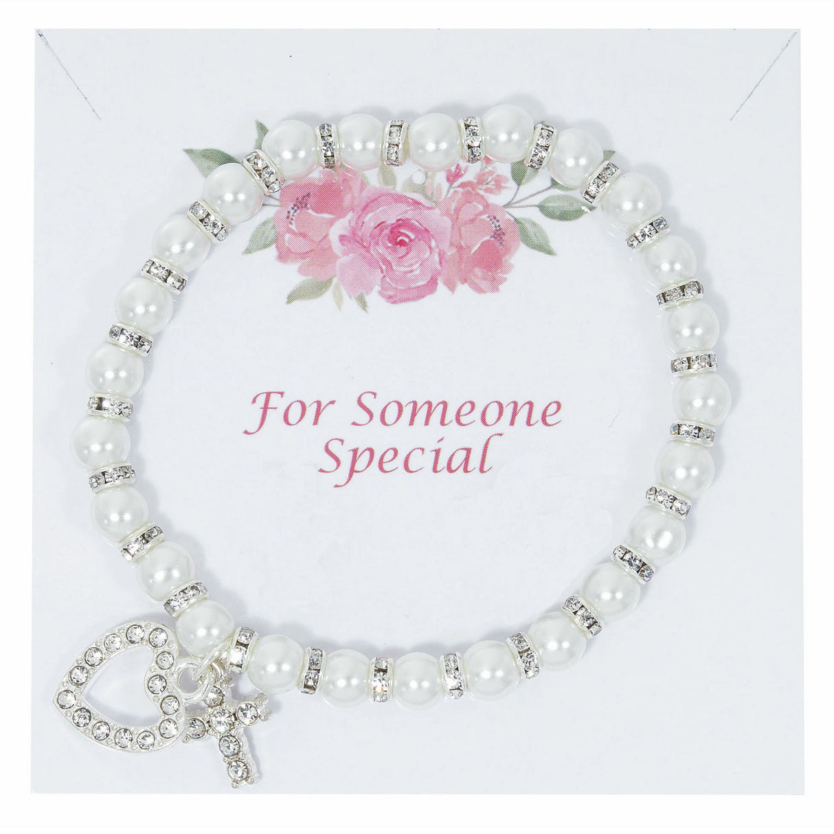 White Pearl Stretch Bracelet with Crystal Charms BR171C