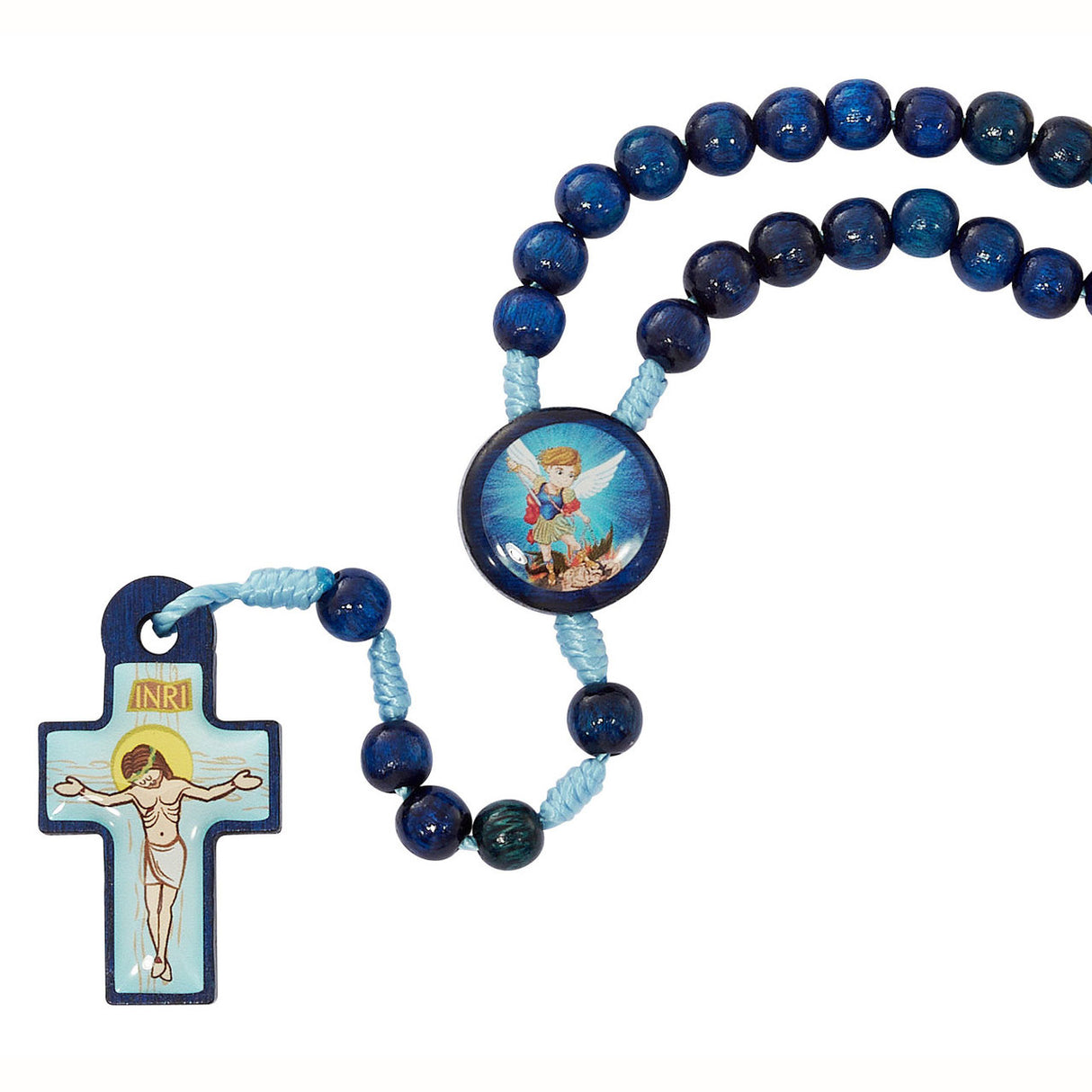 Children's Blue Wood & Cord St Michael Rosary P589C