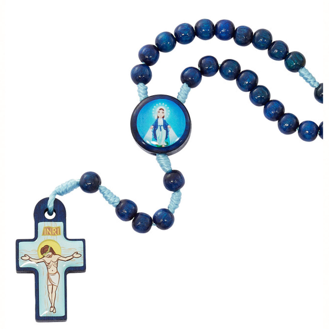 Children's Blue Wood & Cord Mary Miraculous Rosary P588C