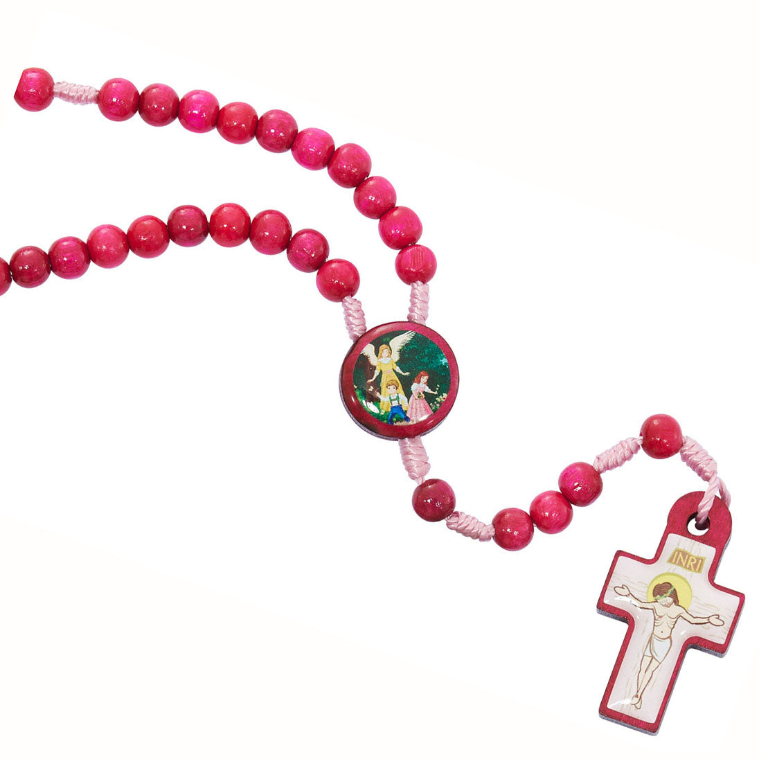 Children's Pink Wood & Cord Guardian Angel Rosary P592C