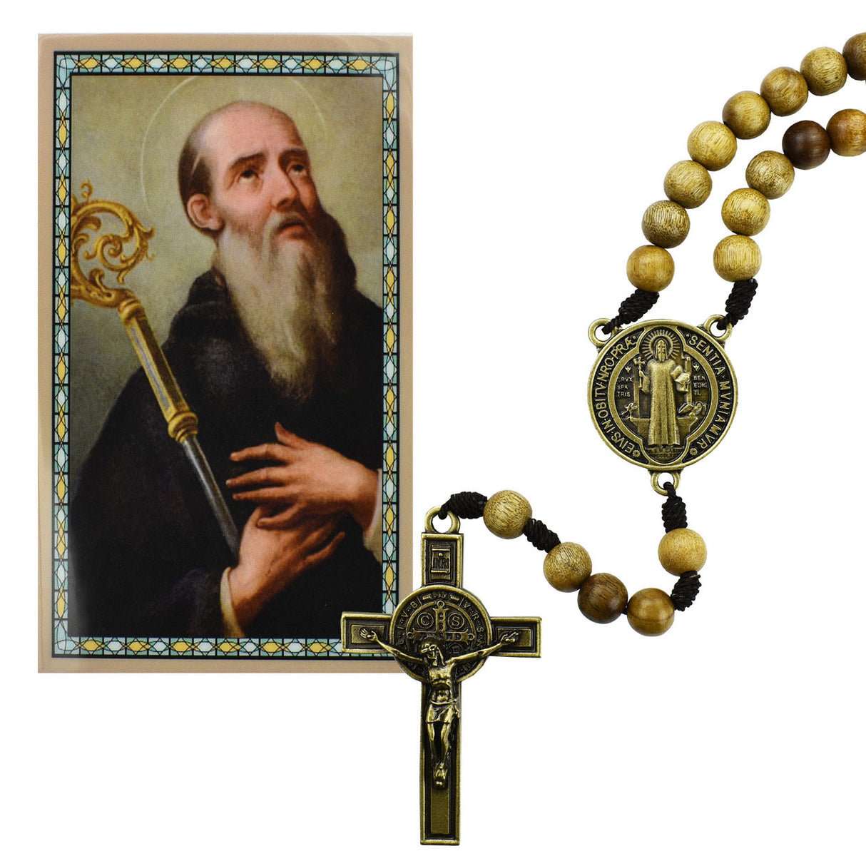 10mm Brown Wood Ant Gold St Benedict Rosary P539R