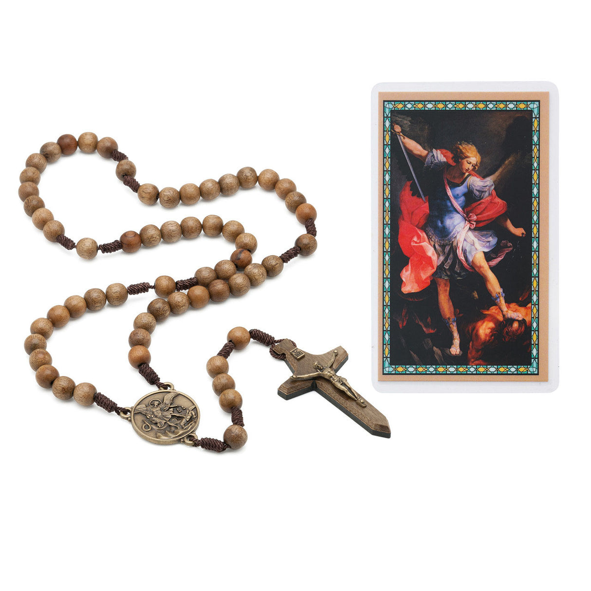 10mm Brown Wood Antique Gold St Michael Rosary P535R