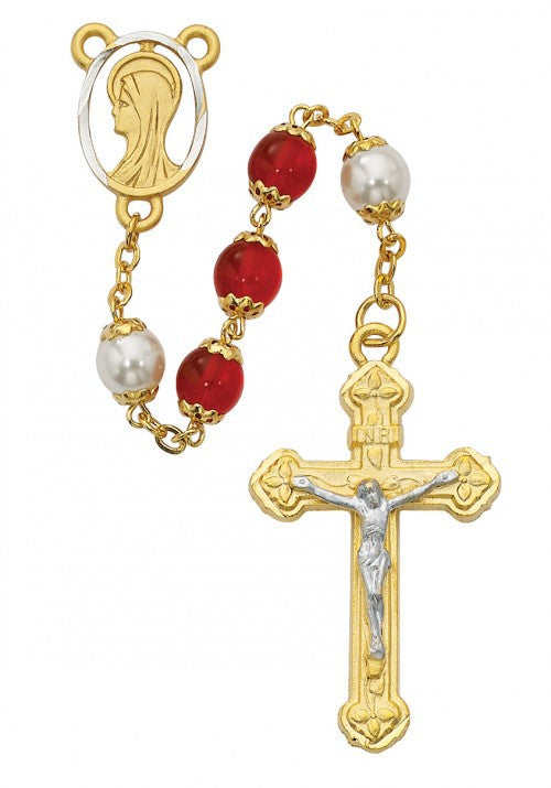 Red & Pearlized Glass Rosary with Gold over Pewter