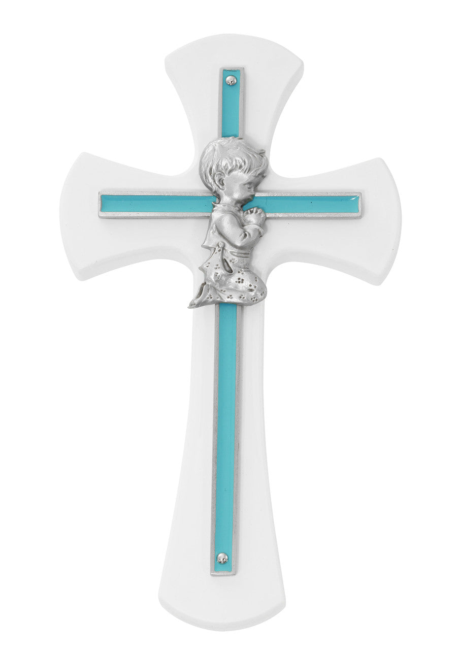 Boy's 7 inch White Wood Wall Cross with Blue Epoxy Overlay