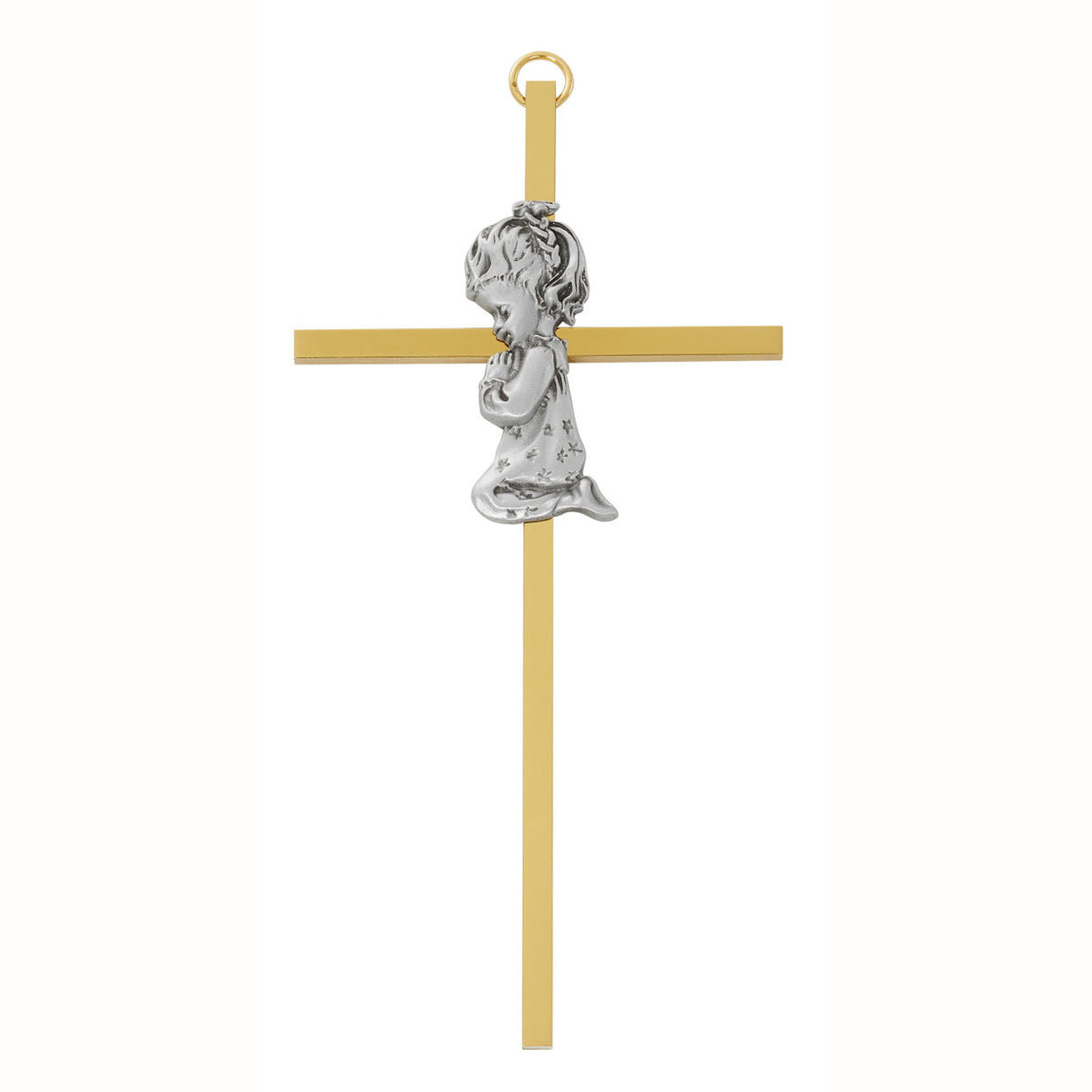 6 inch Brass & Pewter Praying Baby Girl Cross 73-70