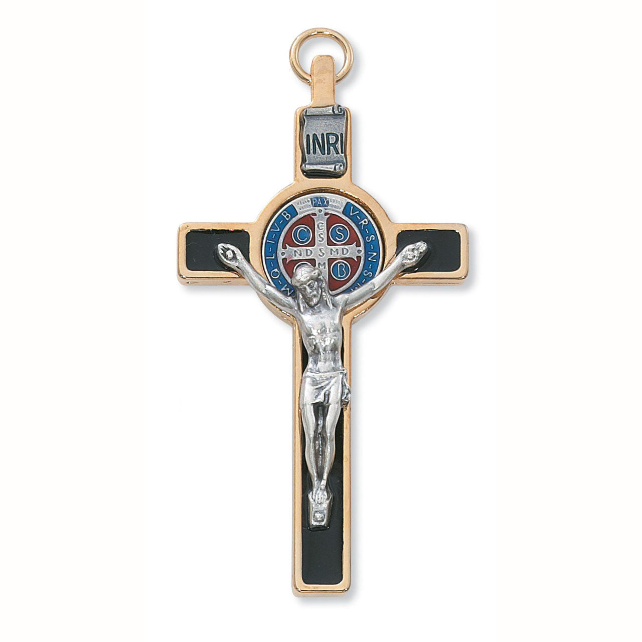 3 inch Color St Benedict Medal Crucifix with Gold Edge on Cord 119-08