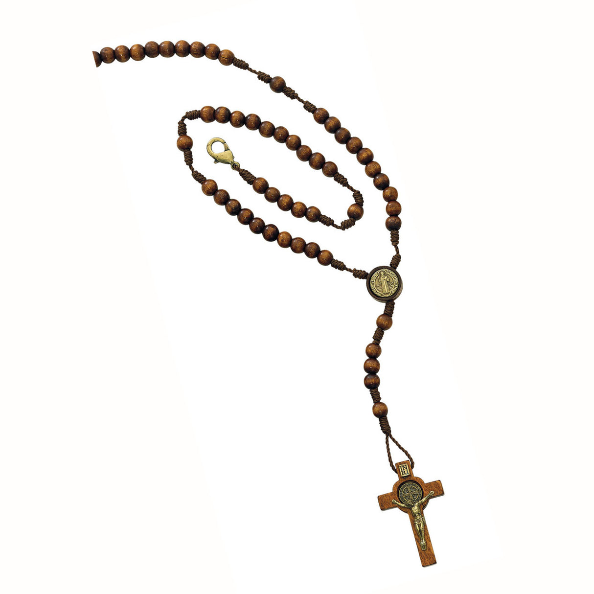 Saint Benedict Wood Corded Rosary Necklace Carded P187C