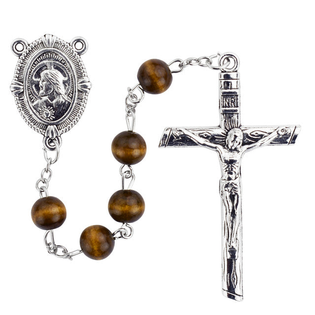 8mm Brown Wood Sacred Heart Rosary from Italy P528C