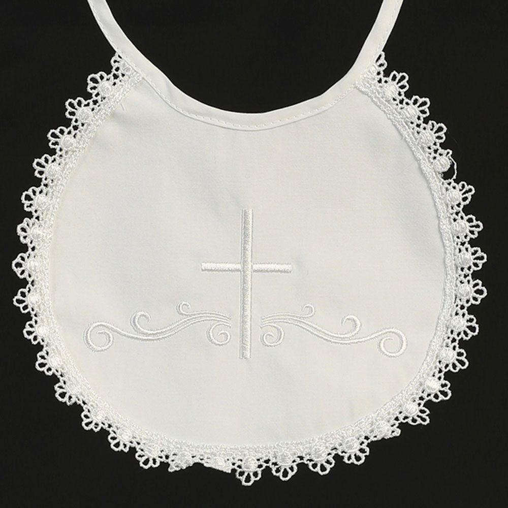Girl's Satin Cross Baptism Bib with Lace Edge BB-2